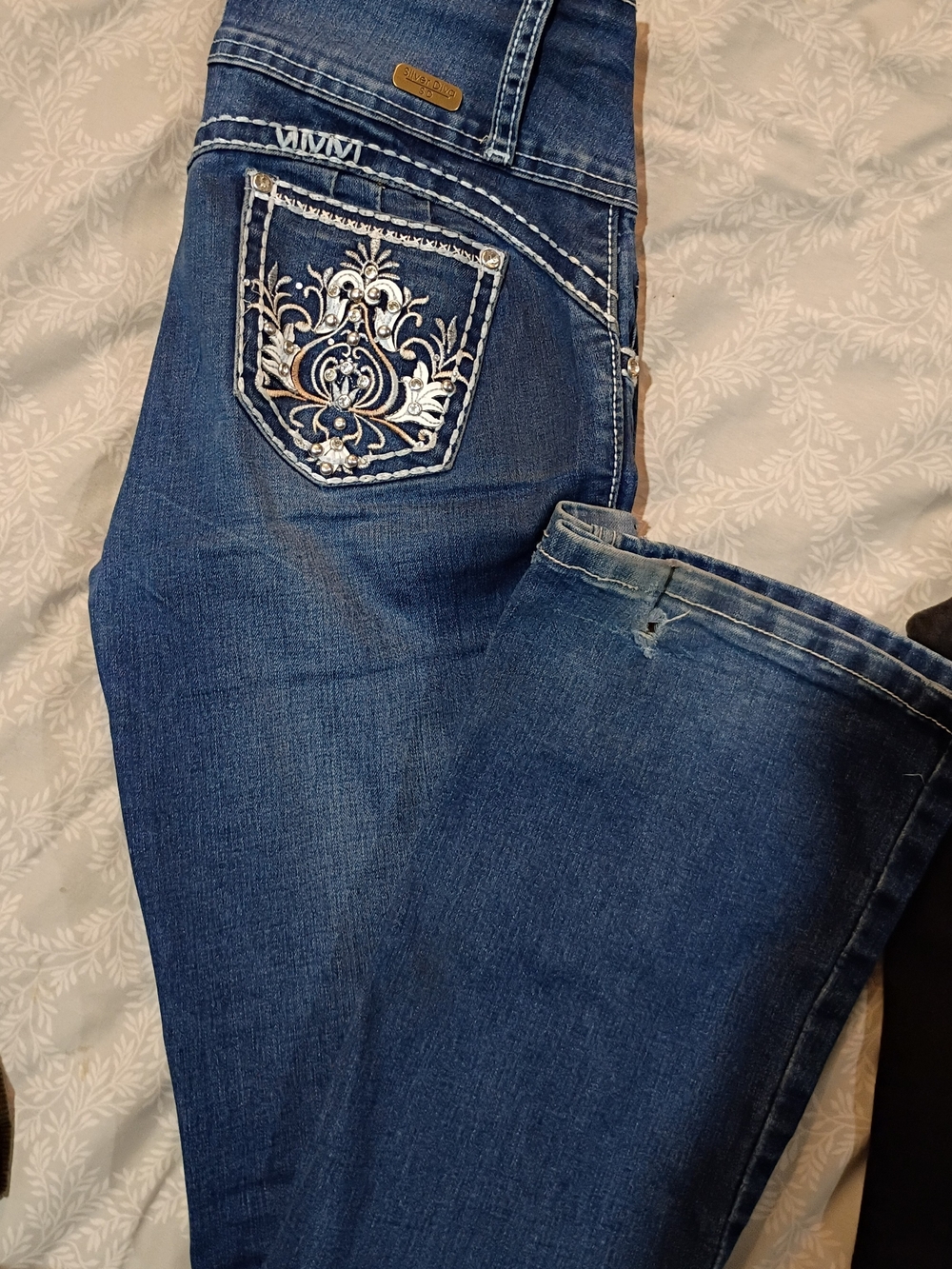 Embroidered Dark Blue Jeans - Silver Accent